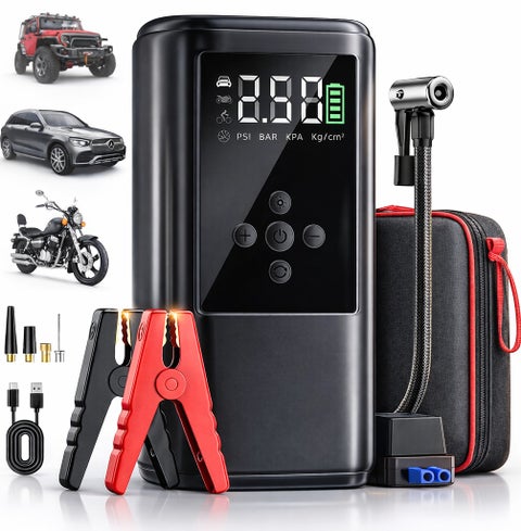 AOTUO 6000A Jump Starter with Air Compressor Battery Jumper Starter Portable 10-in-1 Car Jump Starter Portable 12V Jump Box with 160PSI Tire Inflator LED Light and Jumper Cables (10L Diesel All Cars)